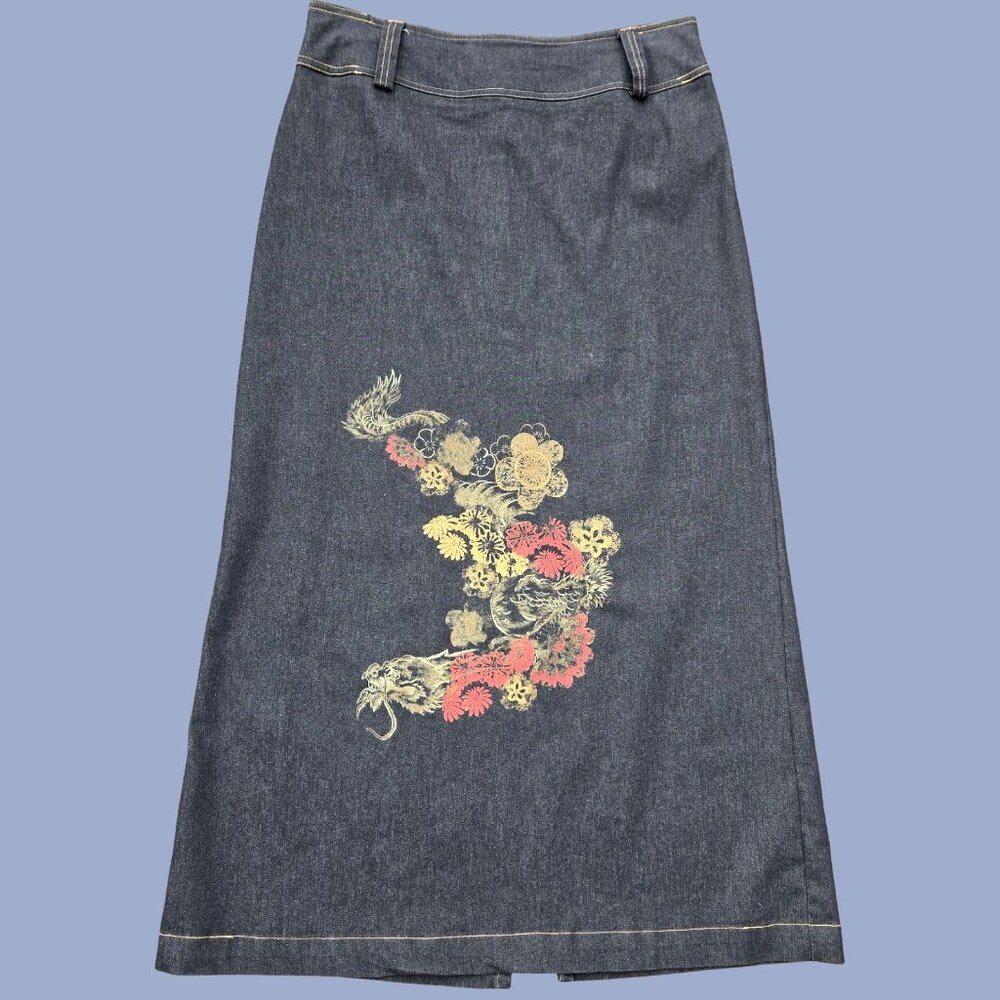 Vintage 90s Black Denim Maxi Skirt Dragon Print Size M US 10 Grunge Rave Boho